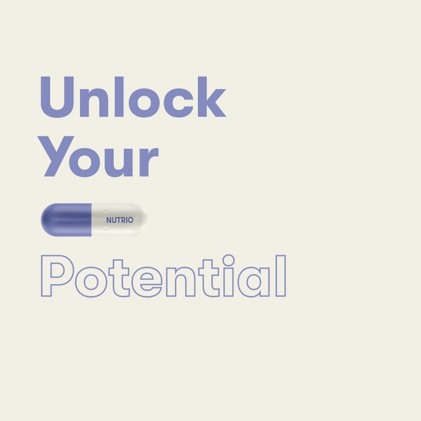 A minimalist, text-focused dietary supplement ad for Nutrio featuring a single pill graphic against a soft cream background.